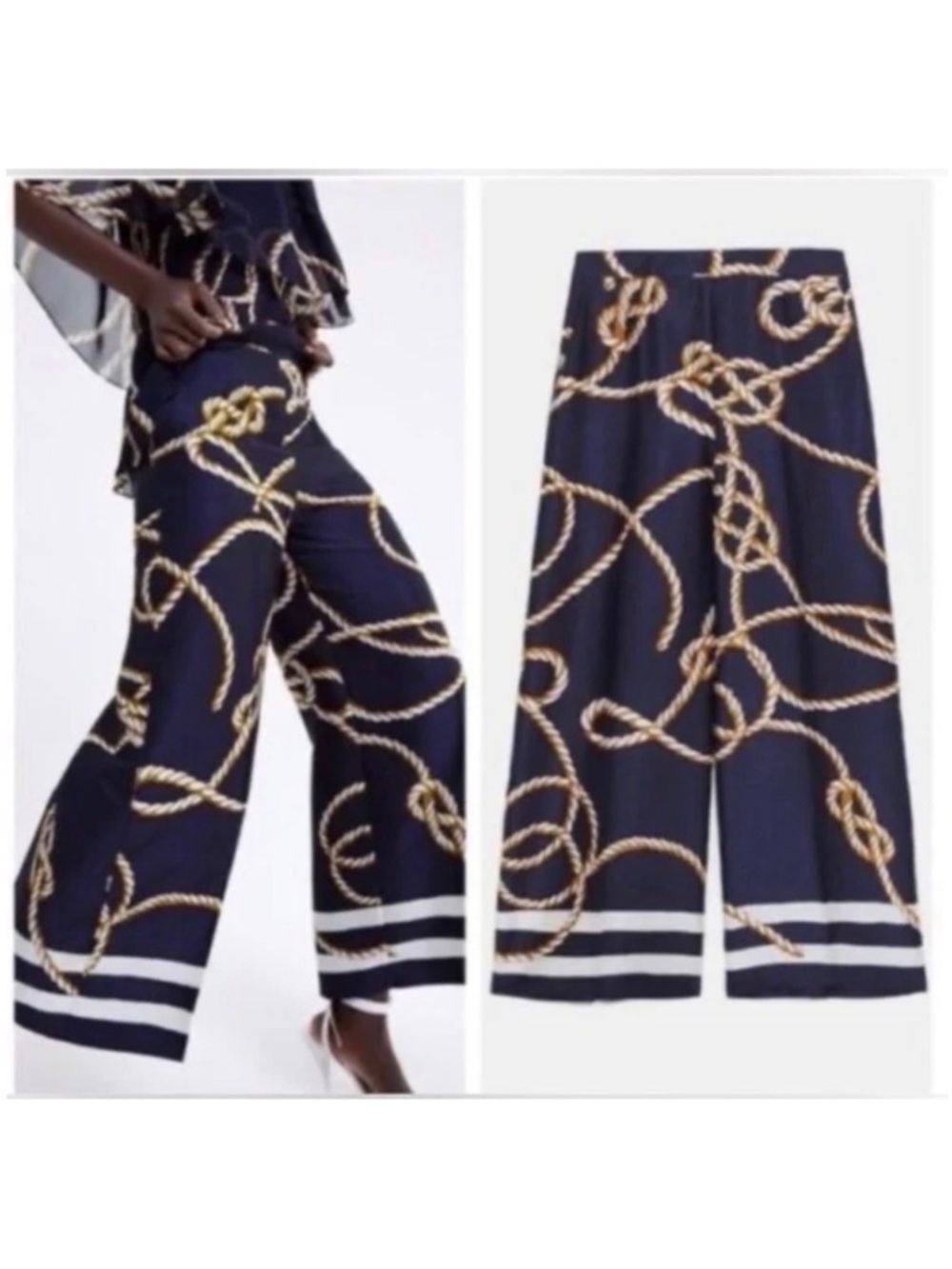 ZARA Navy Blue Nautical Rope-Print Wide-Leg Pants
